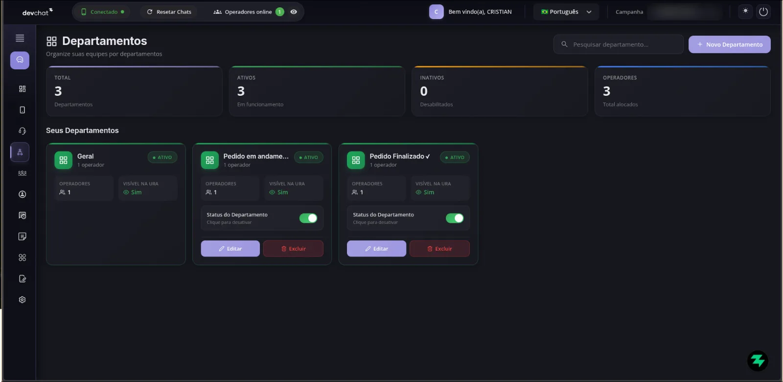 Tela de departamentos do DevChat para organizar equipes por setor